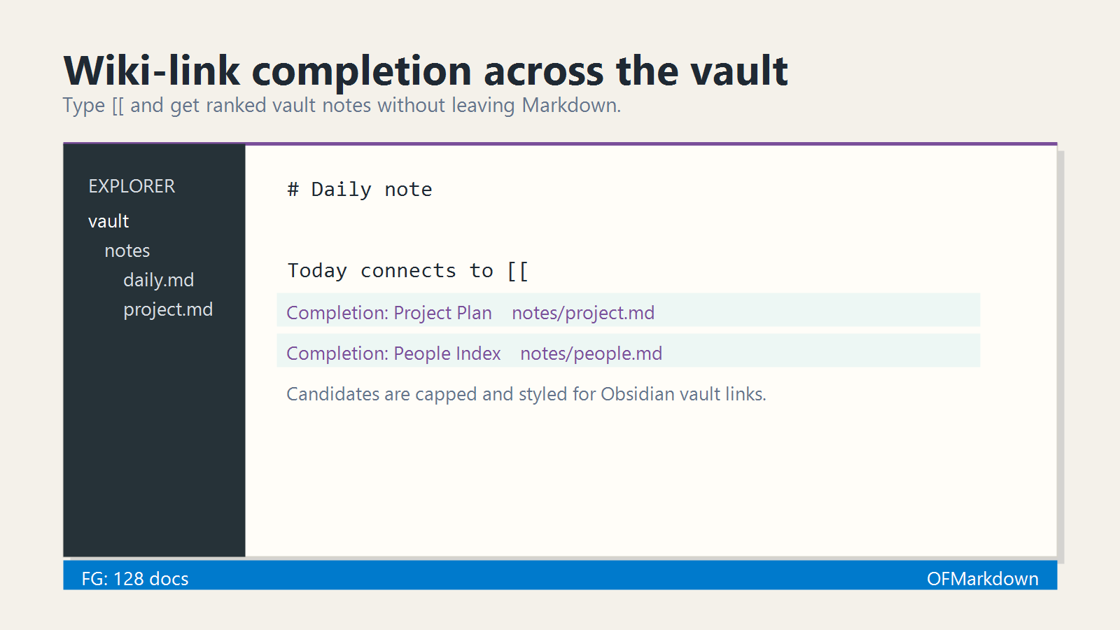 VS Code showing Flavor Grenade wiki-link completion in an Obsidian Vault